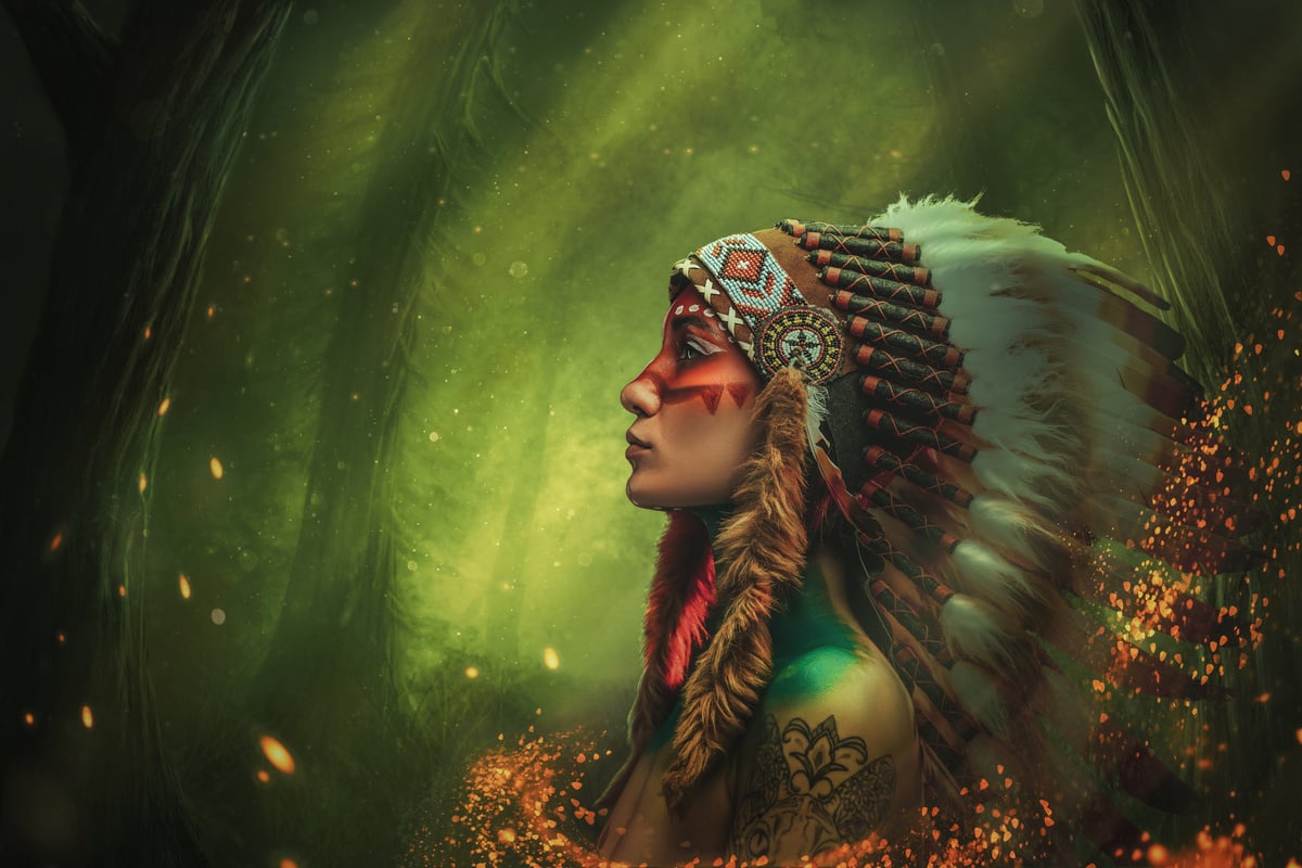 Woman in Western Indian Style against Dreamy Forest Background